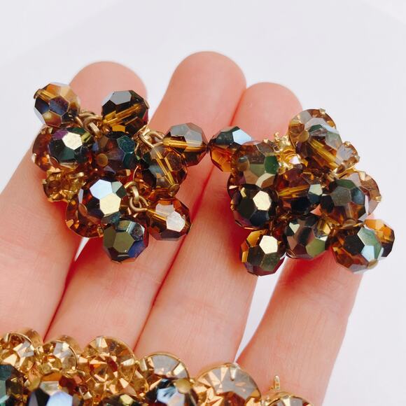 VTG Juliana Mid Century Cha Cha Brooch Earrings Set Gold Tone AB Beads Root Beer - Picture 13 of 14